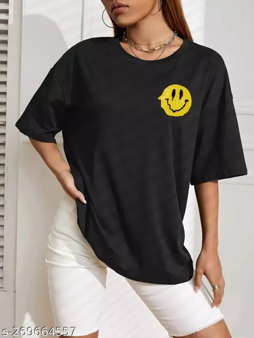 Large cotton oversized t-shirt for women featuring printed 'Dont Worry Be Happy' design, fun and stylish