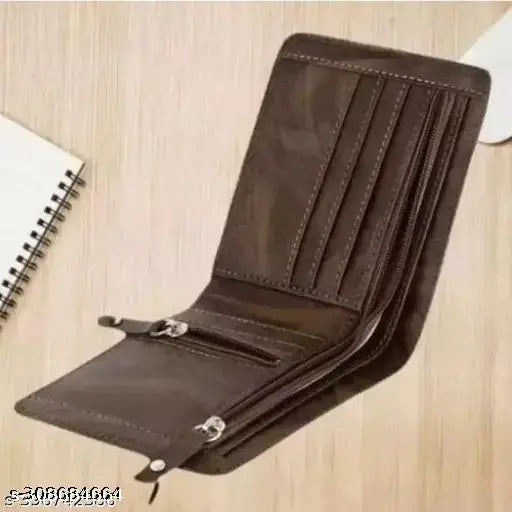 Brown faux leather double zip wallet, trendy men's bi-fold with fashionable look, 4 card slots, 2 secret slots, 2 currency compartments, and chain pocket. Modern, stylish, and sophisticated design from India