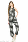 Black & White Striped PREEGO Women's Crepe Jumpsuit, sleeveless, printed net, keyhole neck, front-knotted detail - India