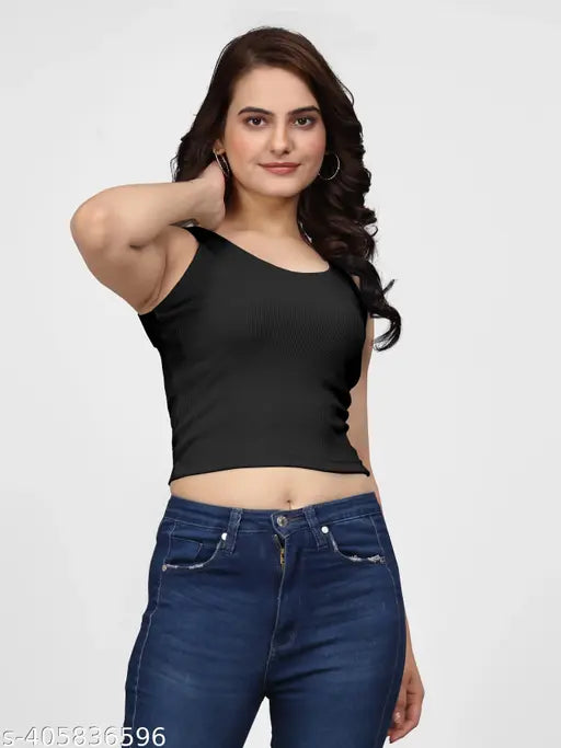Black cotton blend cropped tank top, sleeveless rib knit with round neck and racer back, slim fit