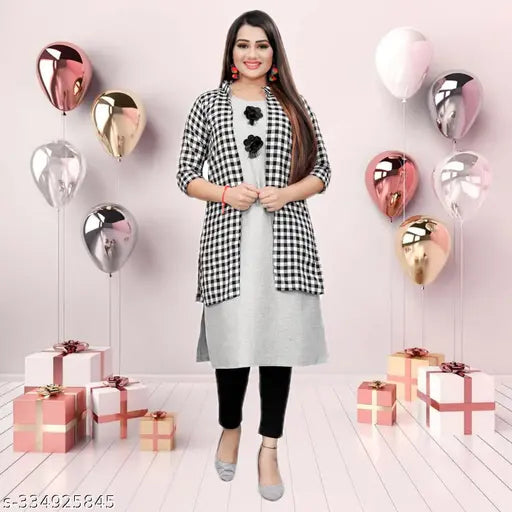 Stylish cotton kurti, three-quarter sleeves, solid pattern, trendy women's fashion, India origin