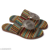Synthetic leather, printed flatforms, slip-on women's flat shoes. Medium width, lightweight, comfortable, casual wear. Durable rubber sole for grip and ease. Kolhapuri design, easy care, versatile styling with jeans, harem, palazzo, shorts, jeggings. Made in India