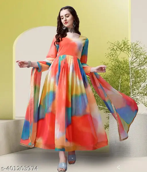 Women's printed Georgette Anarkali gown with long sleeves, digital print work on pure georgette fabric for smart casual, latest fashion
