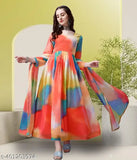 Women's printed Georgette Anarkali gown with long sleeves, digital print work on pure georgette fabric for smart casual, latest fashion
