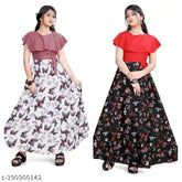 Fancy Girls ethnic party wear crepe dress, printed net, size 5-14 years, India origin