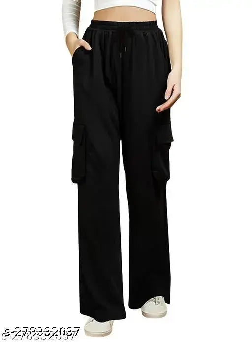 Solid cotton lycra women's cargo pant, flexible waist due to all-over elastic belt. Available in sizes 26, 28, 30, 32. Made in India