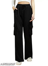 Solid cotton lycra women's cargo pant, flexible waist due to all-over elastic belt. Available in sizes 26, 28, 30, 32. Made in India