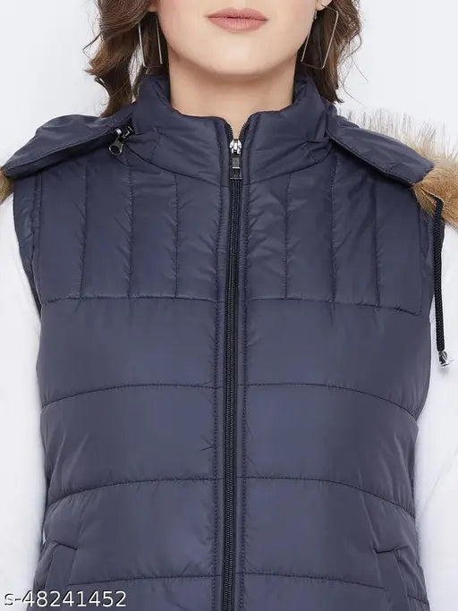 Navy sleeveless solid parka jacket, Vero Amore women's winter wear in polyester, quilted with polyfill fiber & detachable faux fur hood, 3 pockets total (1 inside, 2 outside)