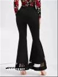 Cotton blend regular fit black trousers for women, stylish flared high rise pants with net detail, India origin