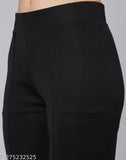 Black elastic bell-bottom pants by Selvia, comfortable casual lounge wear on women