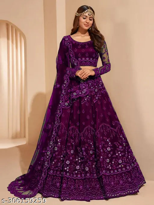 Women's net lehenga choli with dupatta, embroidered paisley pattern on net fabric, semi-stitched in India (Lehenga waist size 42m, Lehenga length 42m, Dupatta length 2.2m)