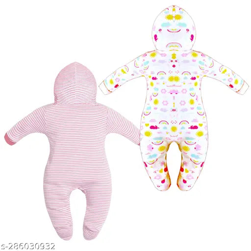 Light Pink Cotton Striped Full Sleeve Hooded Footies Rompers for Babies (36 Months), pack of 2 - VParents Zoey, soft and comfortable with easy dressing
