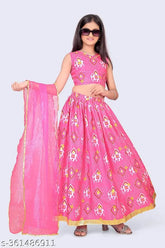 Stylish cotton-linen kids' floral lehenga cholis, 1 set with sleeveless tops, perfect for Indian events and festivals
