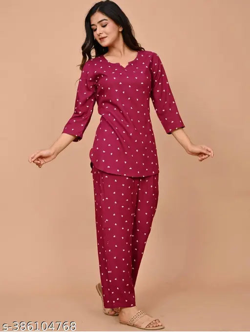 Maroon rayon printed night suit top and plazzo set, viscose-rayon fabric for women's sleepwear with three-quarter sleeves and matching bottoms, available in sizes S to XXXL