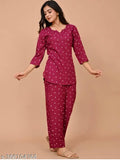 Maroon rayon printed night suit top and plazzo set, viscose-rayon fabric for women's sleepwear with three-quarter sleeves and matching bottoms, available in sizes S to XXXL