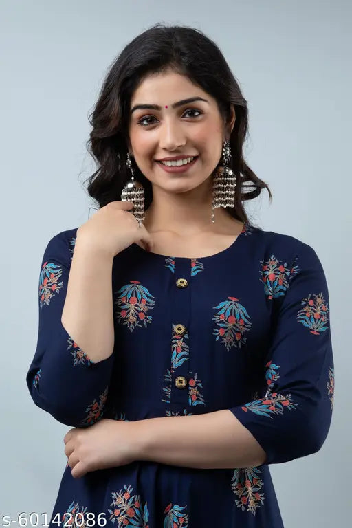 Navy blue flared rayon kurta with three-quarter sleeves, printed combo - premium fusion Indian/Western wear for festivals and parties