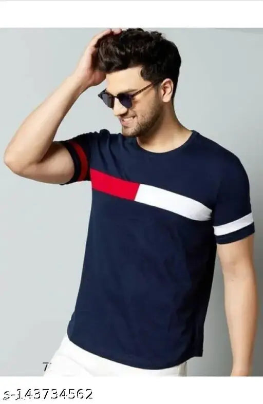 Stylish retro striped cotton blend T-shirt, short sleeves, men's size M-XL, made in India