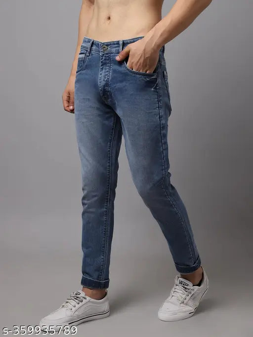 Light blue cotton blend jeans for men, Rodamo ankle length solid denim, size 28/30