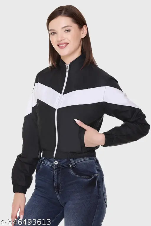 Stylish black nylon colorblocked women's and girls jacket, perfect for parties or rainy days, designer-inspired casual wear from India