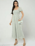 Green polyester women's smocking print jumpsuit with short sleeves, featuring floral pattern and puffed sleeves, suitable for casual wear and various climates. Made in India