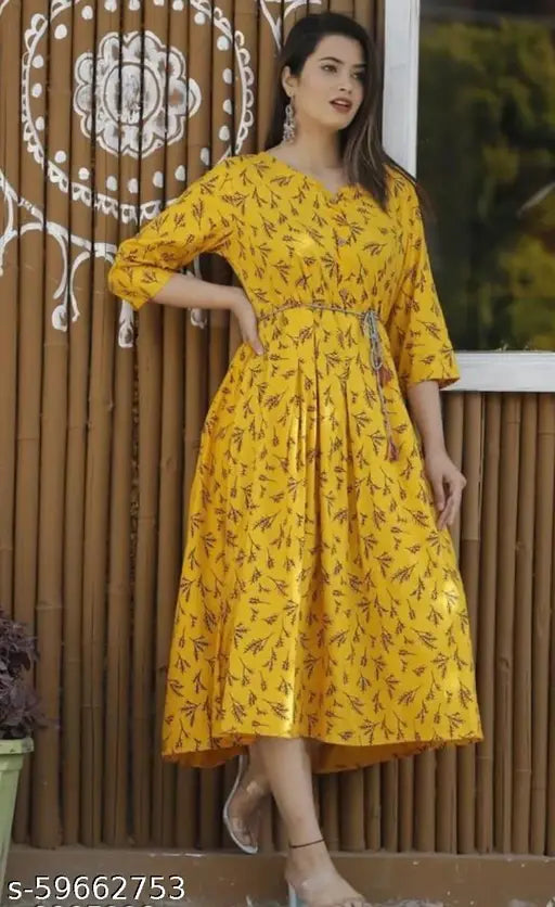 Mustard rayon pleated print kurti, three-quarter sleeves, women's fashion, Indian crafted