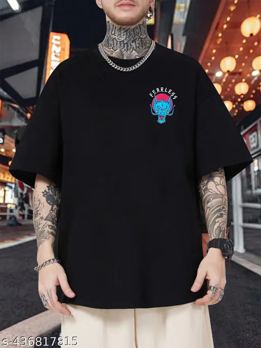 Large black cotton blend Men's Devil Games oversized t-shirt with printed pattern, featuring one item in M size (chest 40in, length 28in). Made in India