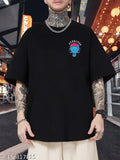 Large black cotton blend Men's Devil Games oversized t-shirt with printed pattern, featuring one item in M size (chest 40in, length 28in). Made in India