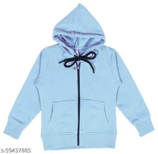 Blue fleece sweatshirt for girls, cotton blend, long sleeves, solid design - warm and cozy winter wear for children (ages 9-10 years), made in India