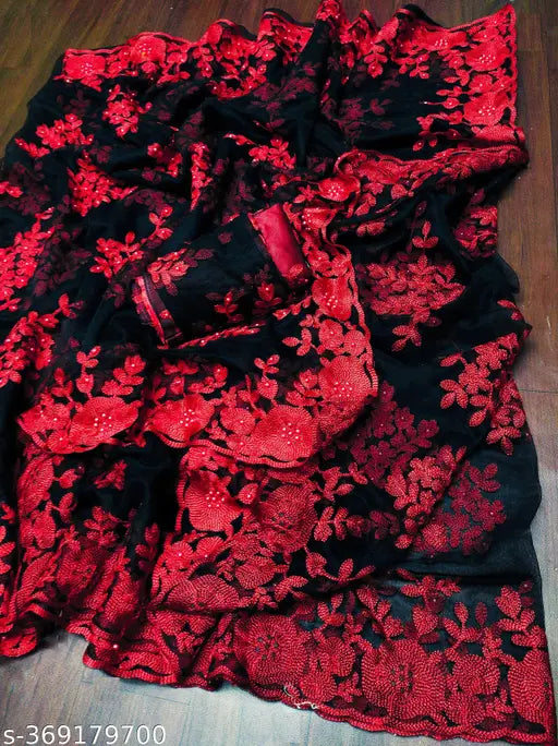 Soft butterfly net saree with intricate chikankari embroidery, Indian handcrafted net and solid blouse