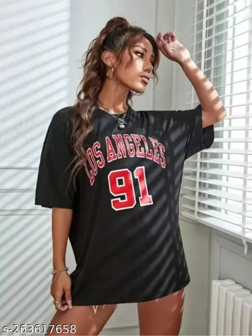 Oversize Cotton Blend T-Shirt for Women in Los Angeles Design, Off-shoulder style, Available in Lavender, White, Mustard, Black, Navy, Blue, Maroon, Red. Size chart provided. Made in India