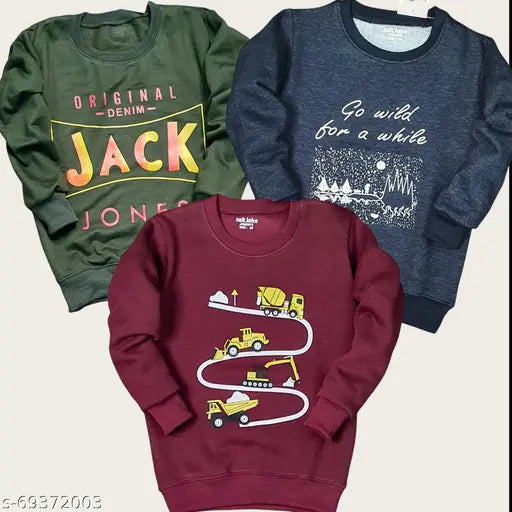 Cotton blend boys' winter fleece round neck sweatshirts in pack of 3 - printed design for layered cold weather wear (4-5 years, 5-6 years, 7-8 years sizes)