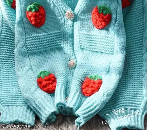 Blue woolen strawberry cardigan for women, self-design knitted with vibrant red accents