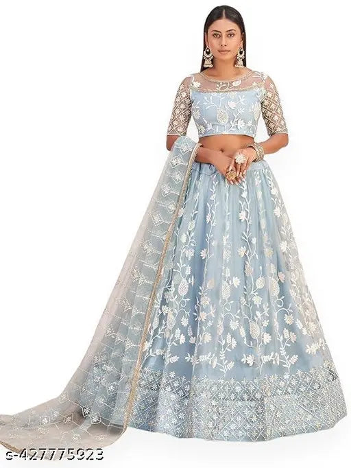 Sky blue embroidered semi-stitched lehenga choli set with net fabric, featuring intricate Indian embellishments