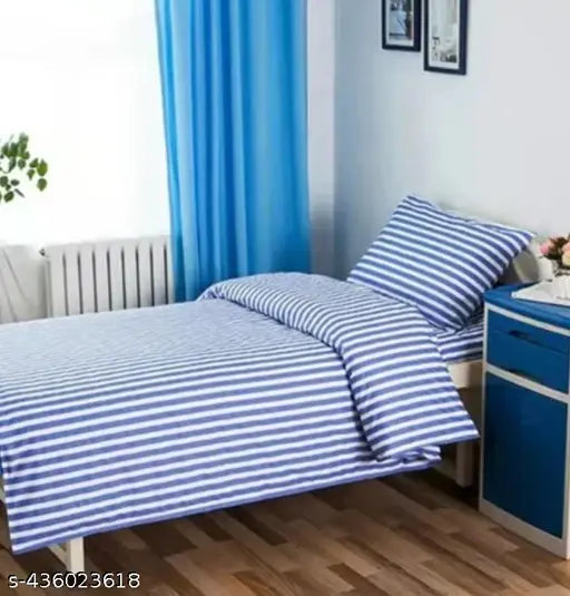 Blue line cotton striped flat sheet, superfine quality for adult mild winter use, single bed size (58inch/88inch), made in India