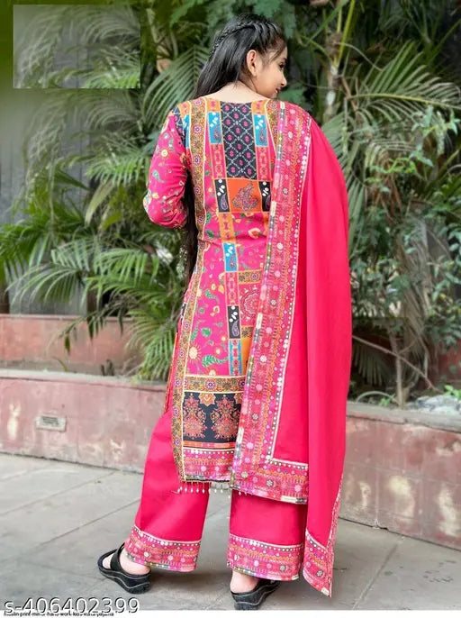 Pink cotton blend heavy fancy children's A-line palazzo set with dupatta, embellished and printed, 3-piece design with mirror work and lace details, size range from 6-7 to 11-12 years, Indian origin