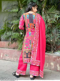Pink cotton blend heavy fancy children's A-line palazzo set with dupatta, embellished and printed, 3-piece design with mirror work and lace details, size range from 6-7 to 11-12 years, Indian origin