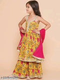 Rayon printed anarkali kurta set with dupatta and sharara for girls, 5-12 years, Indian traditional fashion
