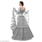 Embroidered net lehenga-choli with zari work (semi-stitched), free size. Indian bridal wear showcased on a mannequin