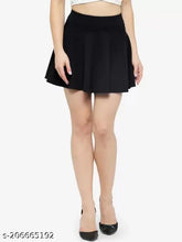 Solid polyester high waist flared skater mini skirt, stretchable elastic band, thin-friendly, India origin