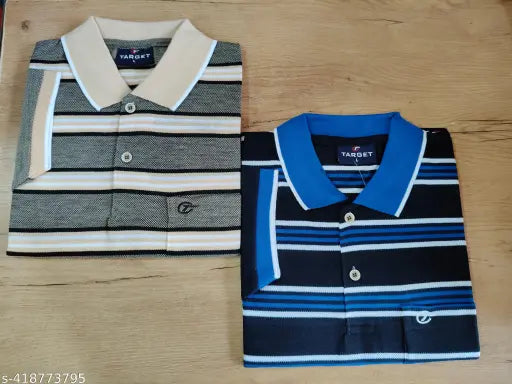 Multicolor striped cotton blend polo neck T-shirt, plus size for men, Indian origin
