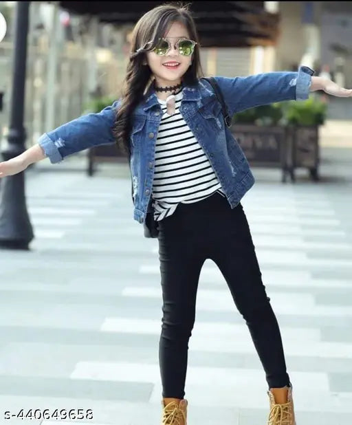 Denim dyed/washed D Ruff Jacket for girls, solid color long sleeve latest fashion in various sizes from 2-3 Years to 7-8 Years. Origin: India
