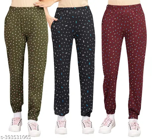 Cotton blend printed net ladies jogger pack of 3, elasticated waist for adjustable fit, soft & comfortable athletic loungewear from MWK (India)