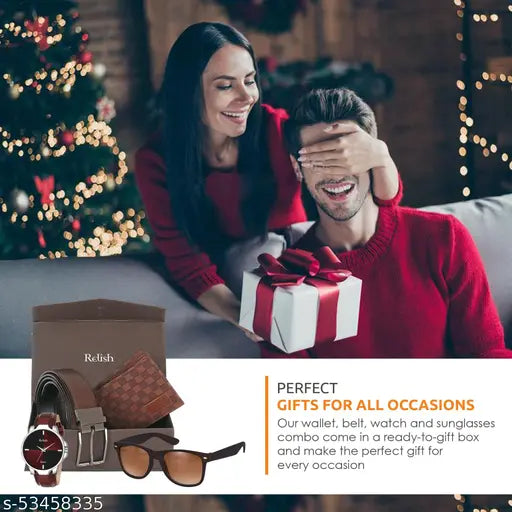 Black synthetic Relish Analogue men's & boys watch-belt-sunglasses combo, textured net style. Ideal for Diwali and gift giving