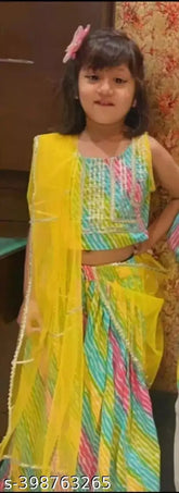 MultiColor cotton skirt top and net dupatta with vibrant rainbow print and heavy Gota work for young girls, traditional Indian ethnic wear