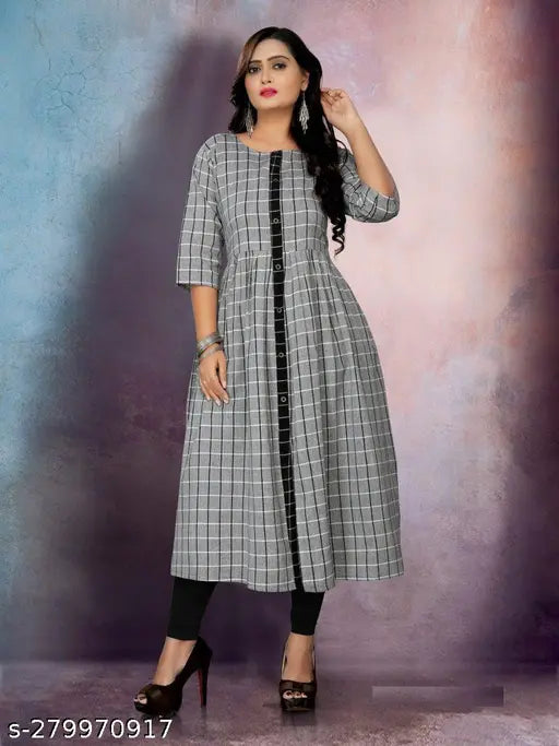 Cotton stripe kurti, checked pattern, three-quarter sleeves, Indian fashion