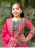 Pink cotton blend children's A-line palazzo suit with embellished top and dupatta set, featuring long sleeves and real mirror hand work, design by Indian artist