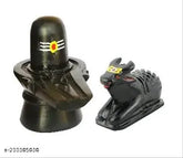 Handcrafted marble black Shivling & Nandi Idols with tilak, hand-painted. Two pieces, each measuring approximately 7 cm (H) x 4 cm (B). Indian artisan craft