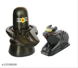 Handcrafted marble black Shivling & Nandi Idols with tilak, hand-painted. Two pieces, each measuring approximately 7 cm (H) x 4 cm (B). Indian artisan craft