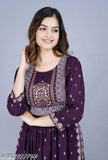 Purple Rayon Printed Ethnic Naira Cut Kurta, S-36, M-38, L-40 - Elegant women's kurta with three-quarter sleeves and embroidered pattern. Perfect for parties or daily wear