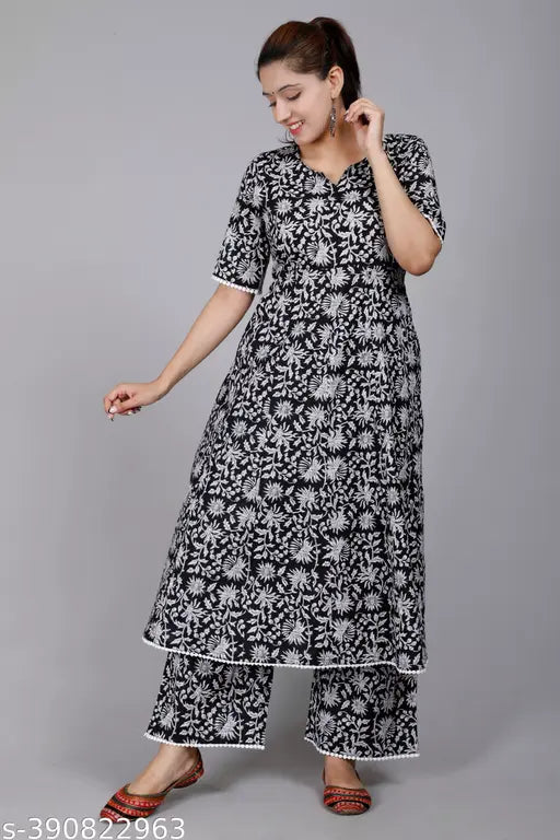 Black rayon Palazzo set, printed net three-quarter sleeve Kurta with matching bottomwear for women's M, L, XL, XXL Indian ethnic wear
